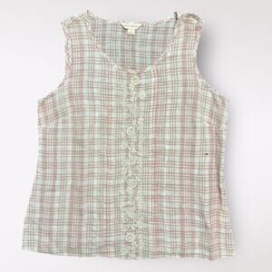 April Cornell Linen Tank L Pink White Plaid Sleeveless Boho Cottagecore